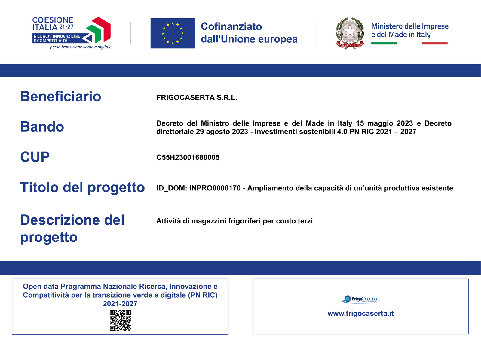 Targa PN RIC 2021-2027 - Cofinanziato dall'Unione europea - FRIGOCASERTA S.R.L.